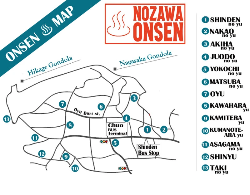 Nozawa Onsen hot springs and public baths map
