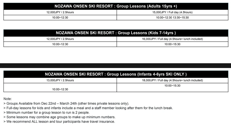 nozawa onsen ski lesson prices group